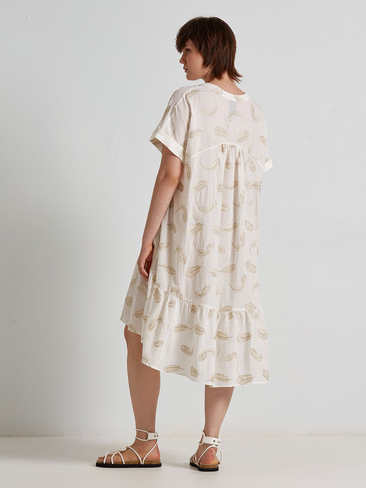 Feather embroidered cotton tiered dress