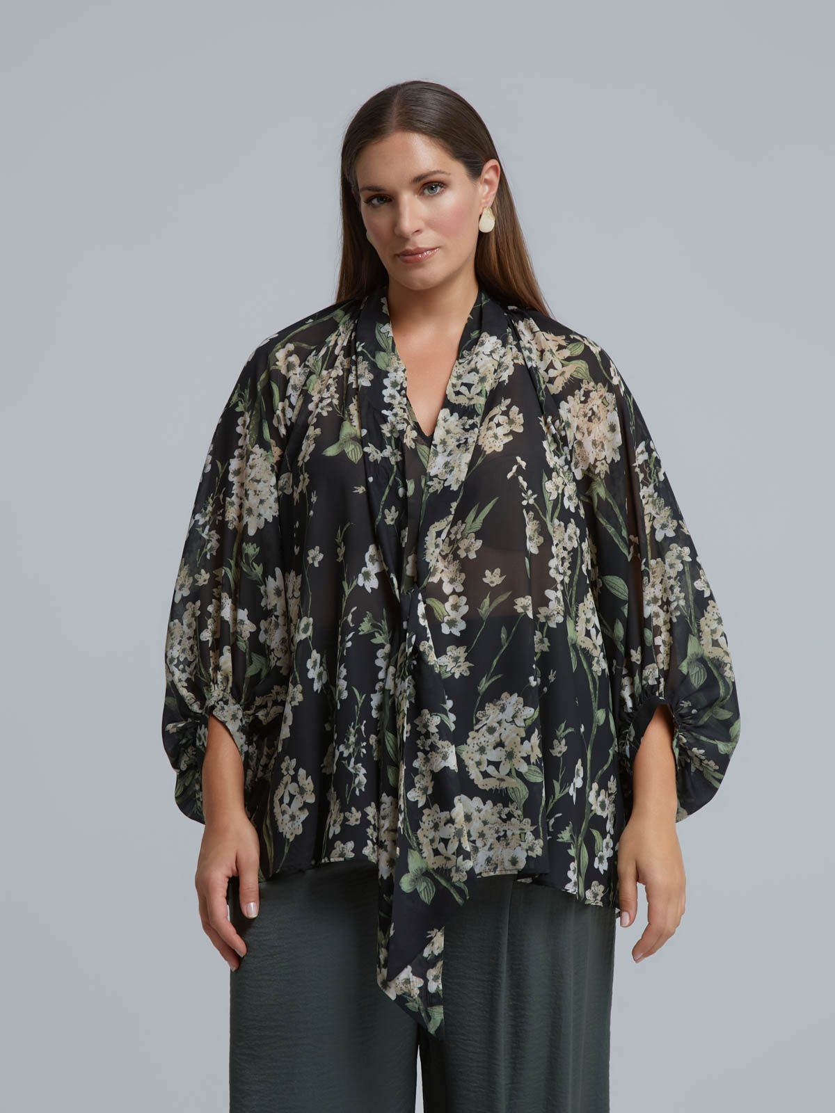 Floral chiffon blouse with bow-tie neck
