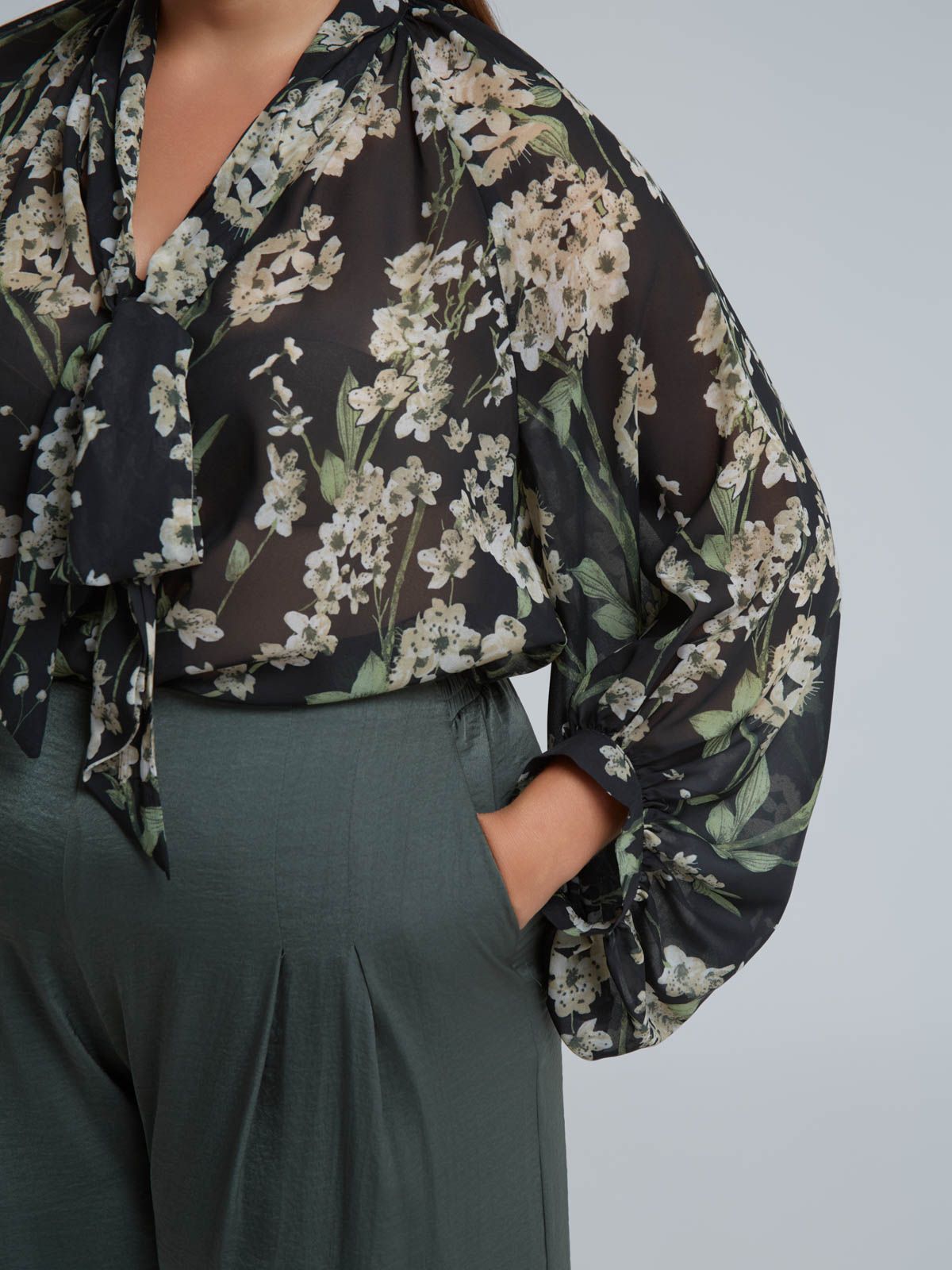 Floral chiffon blouse with bow-tie neck