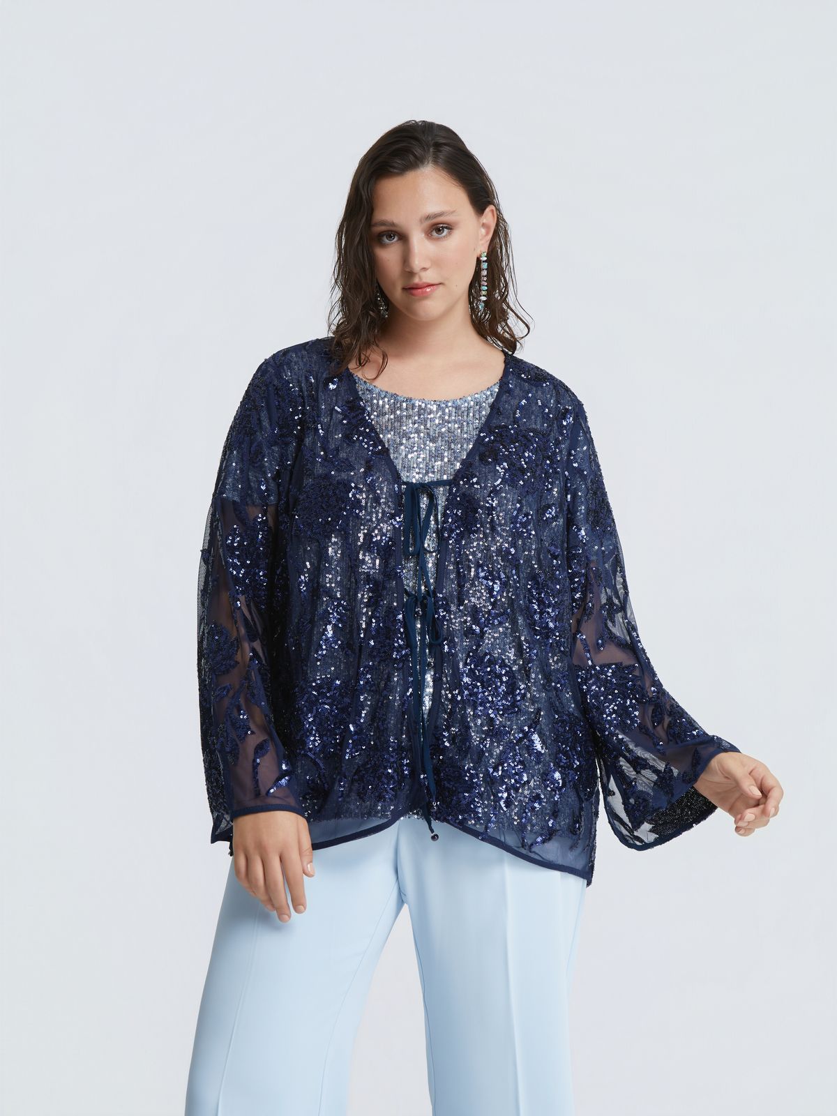 Floral embroidered sequin cardigan with front ties