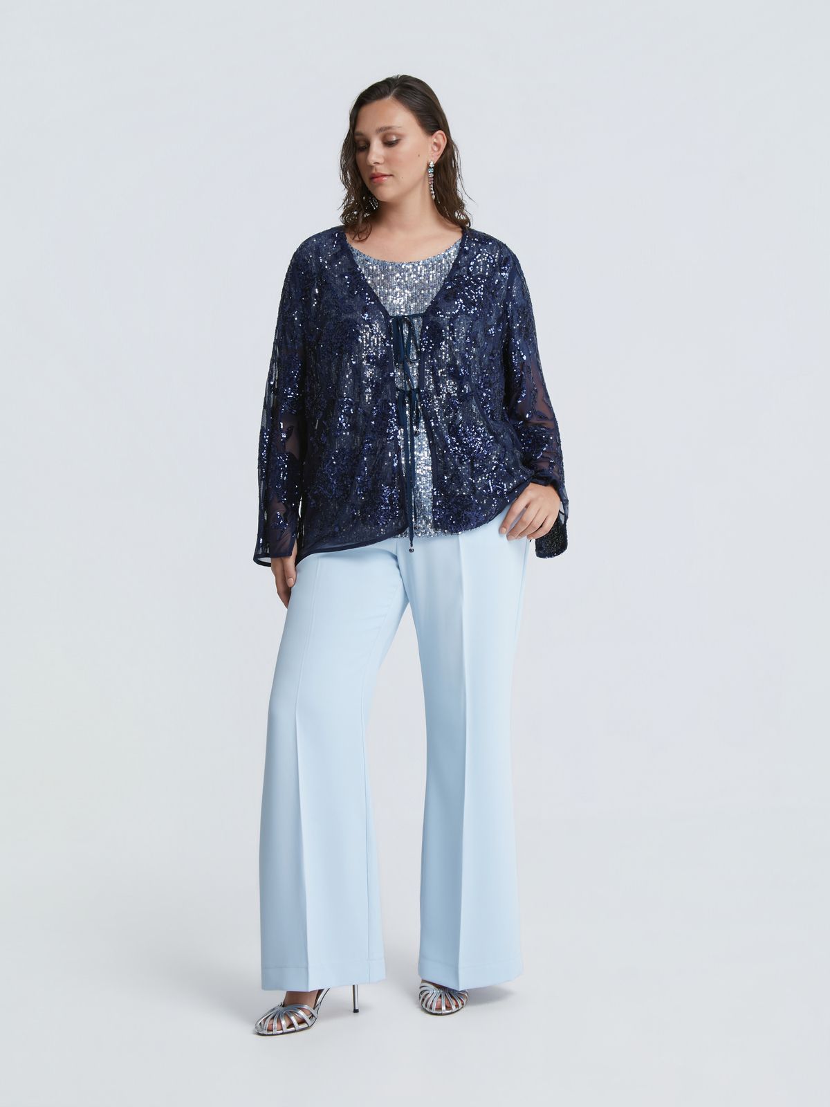 Floral embroidered sequin cardigan with front ties
