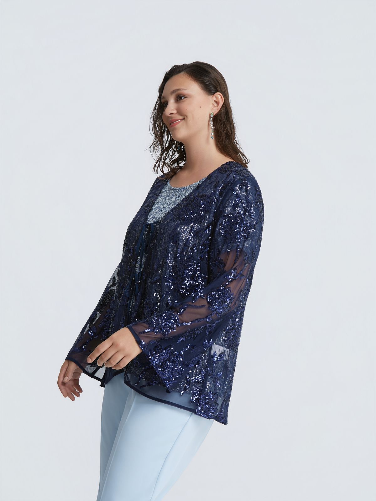 Floral embroidered sequin cardigan with front ties