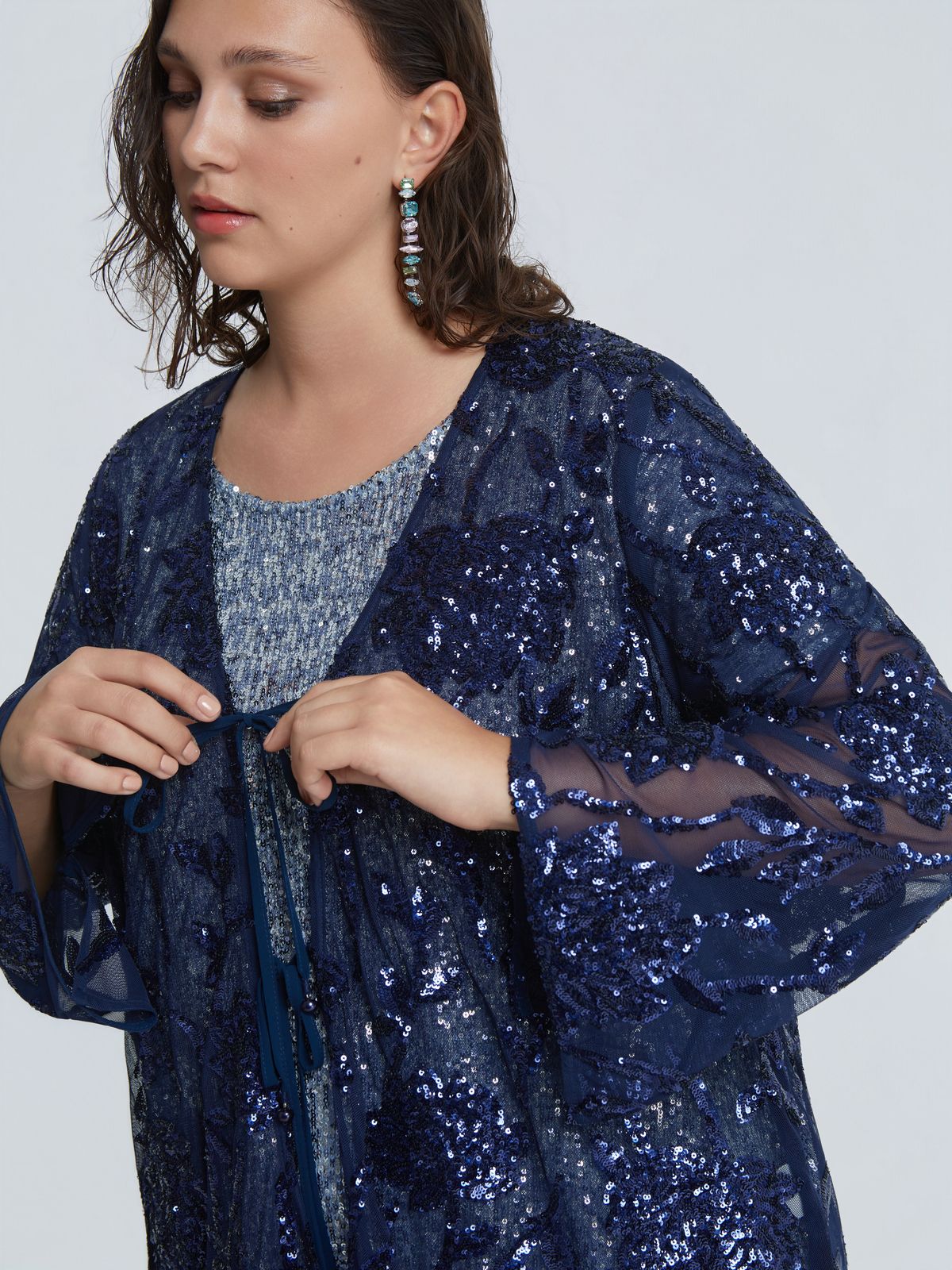 Floral embroidered sequin cardigan with front ties