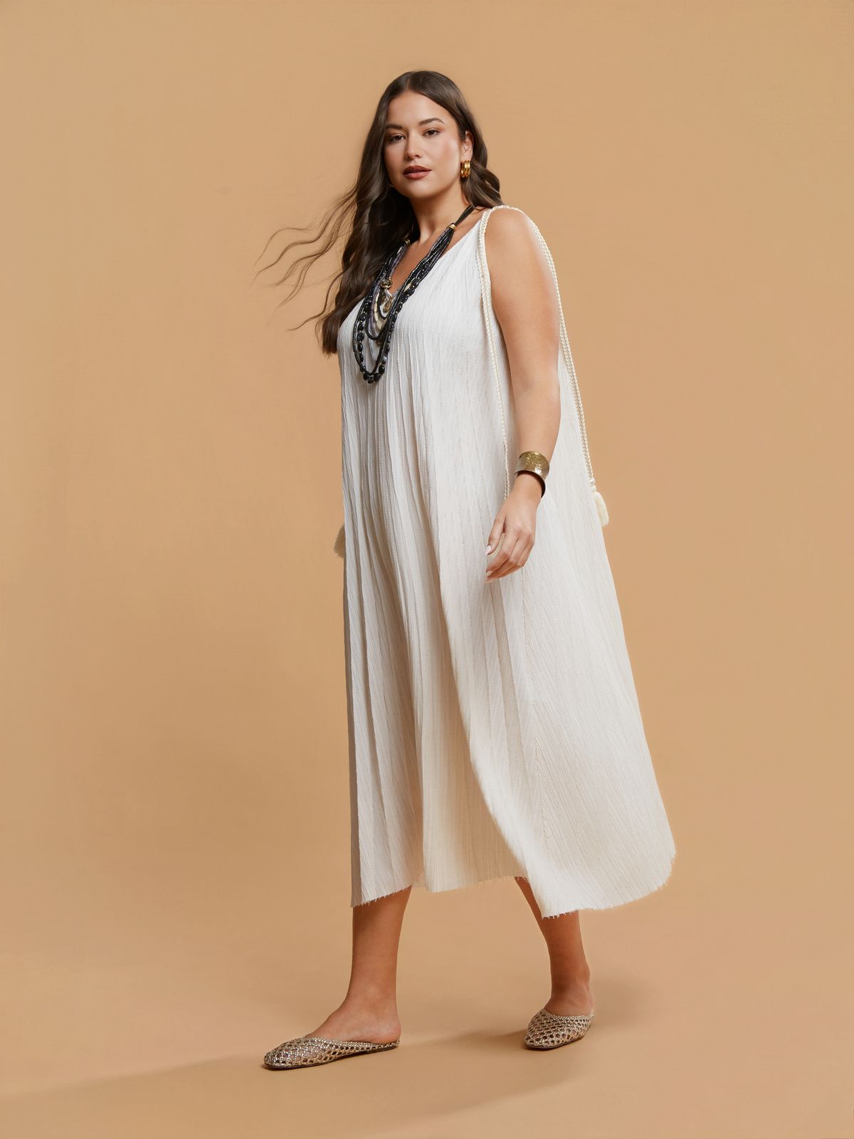 Maxi viscose-linen dress with tassel side ties | mat fashion Maxi viscose-linen dress with tassel side ties | mat fashion