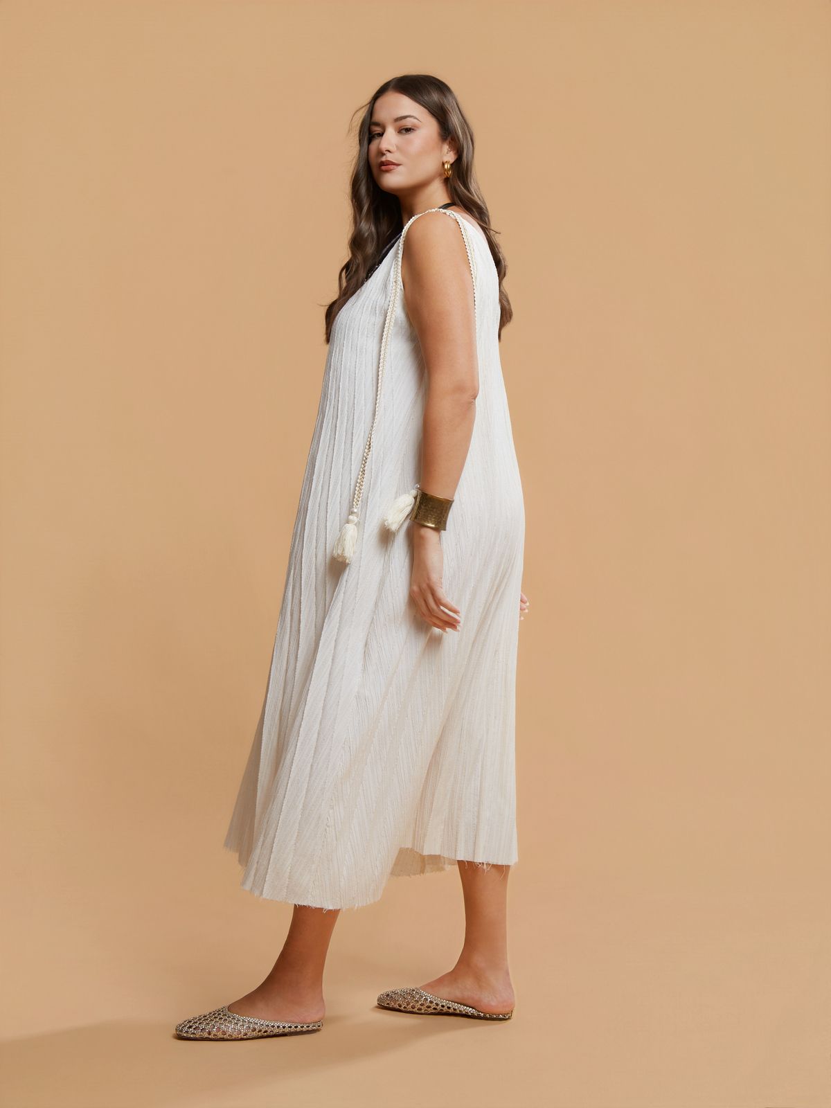 Maxi viscose-linen dress with tassel side ties | mat fashion