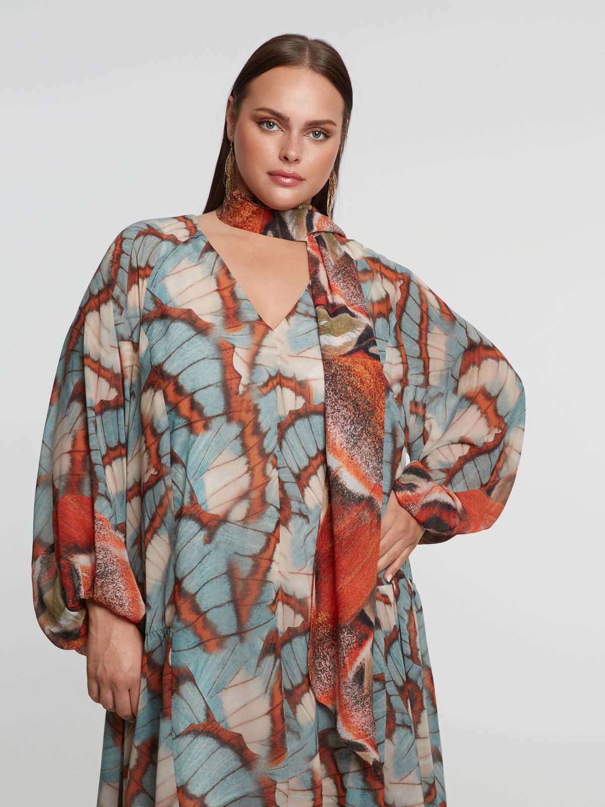 Asymmetrical butterfly-print dress