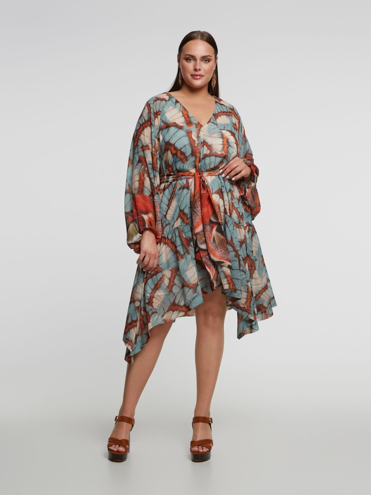 Asymmetrical butterfly-print dress