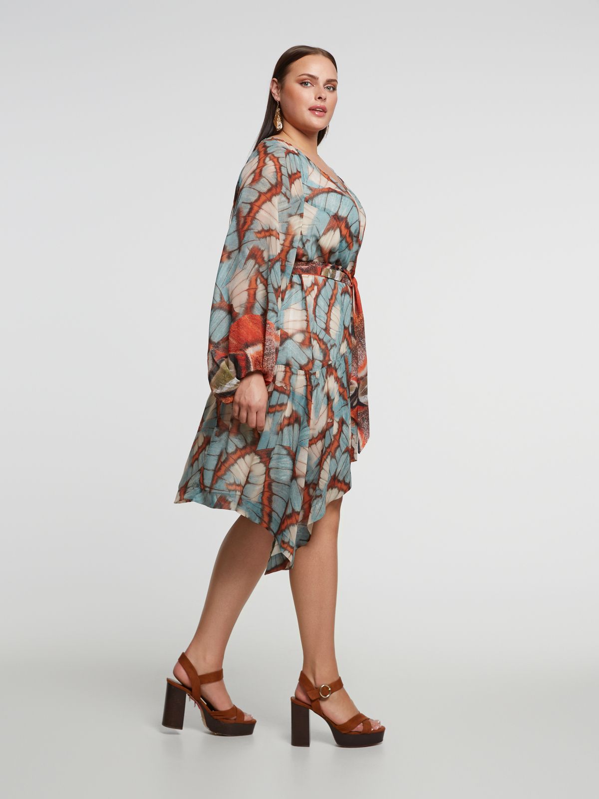 Asymmetrical butterfly-print dress