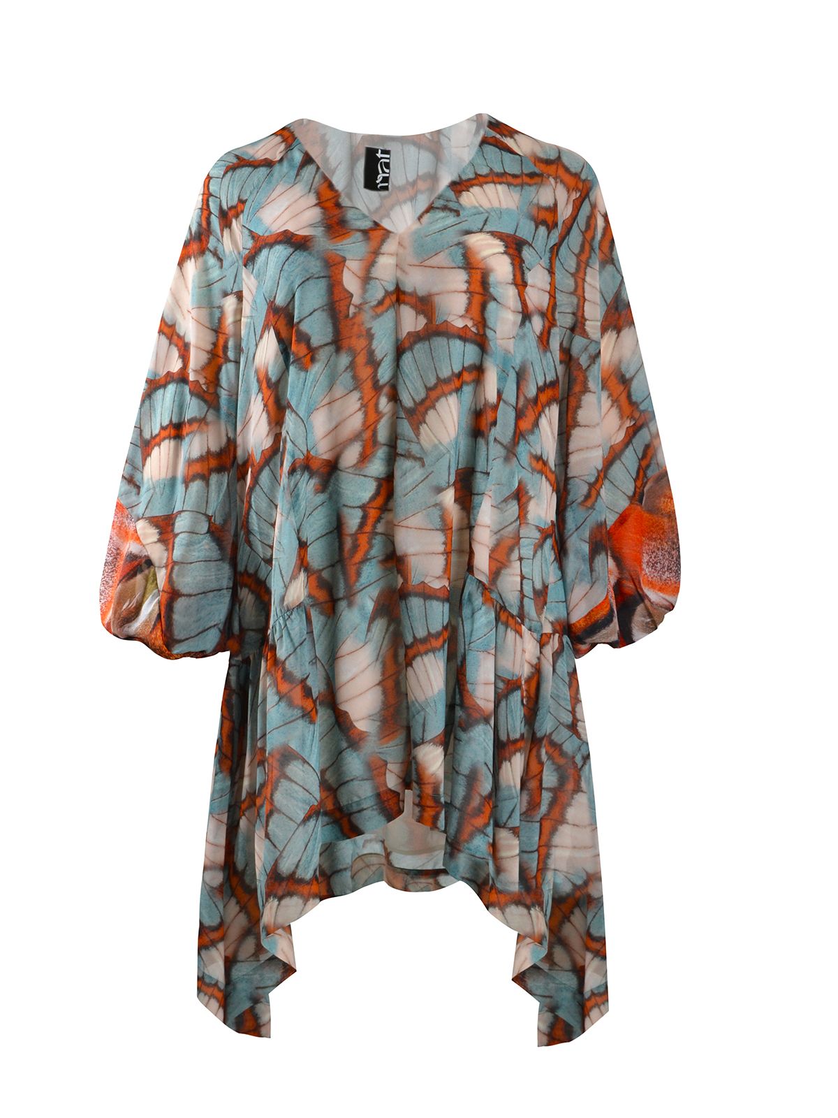Asymmetrical butterfly-print dress