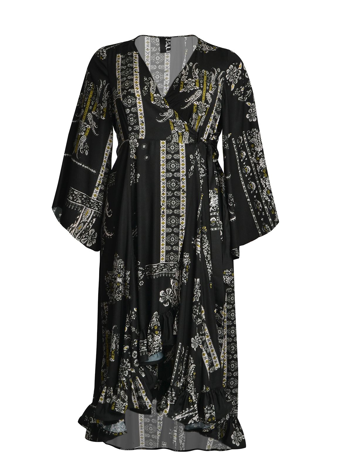 Printed wrap maxi dress with ruffle hem and bell sleeves