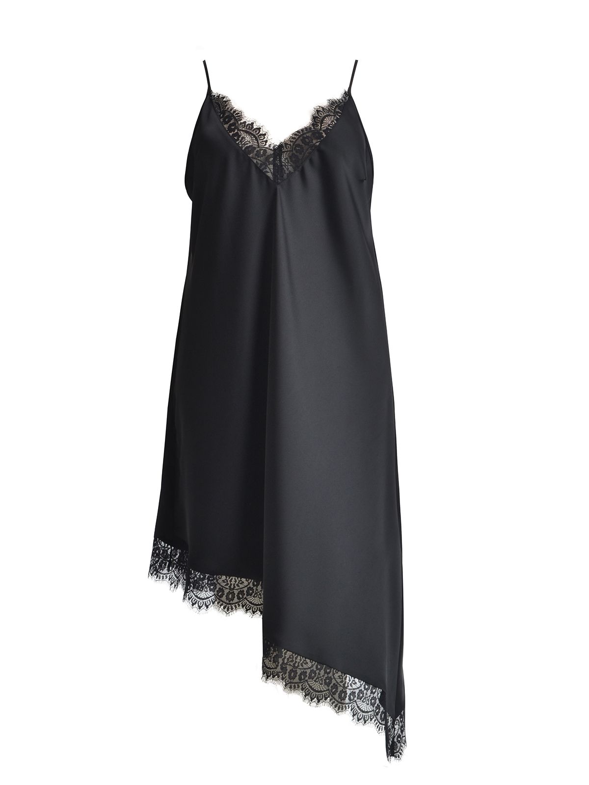 Asymmetric satin cami dress with lace trim | mat fashion