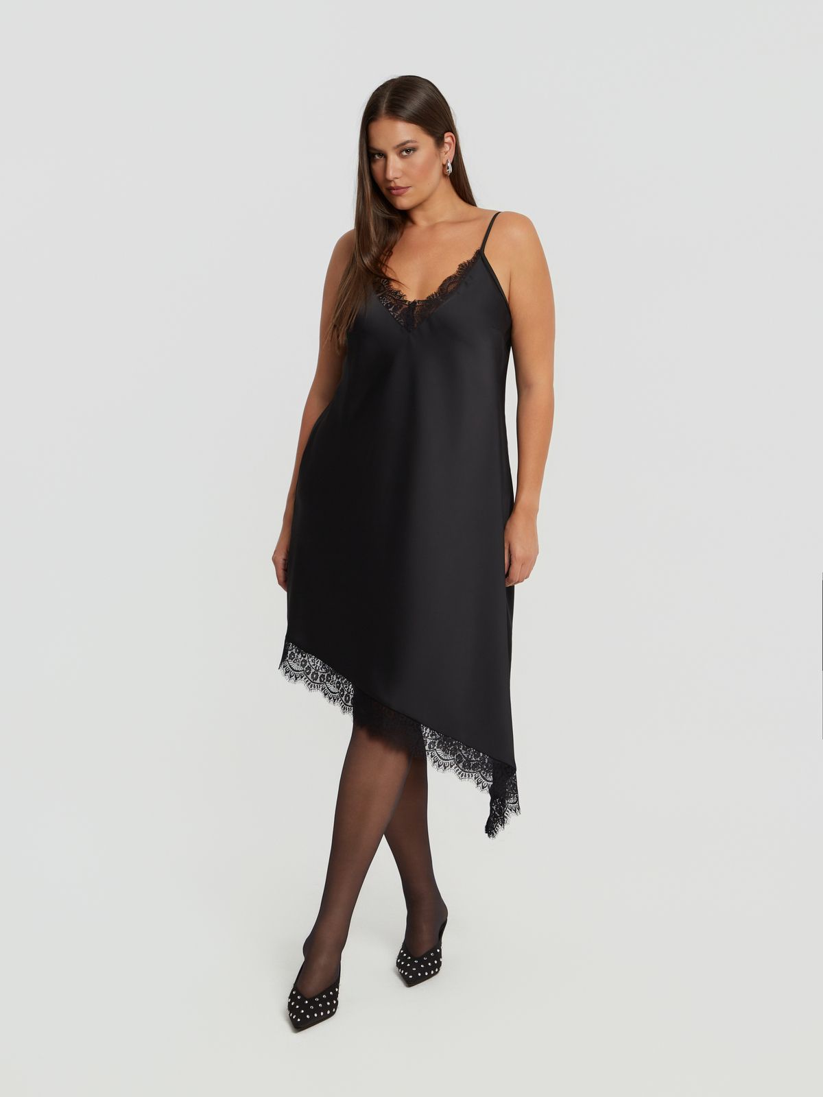 Asymmetric satin cami dress with lace trim | mat fashion