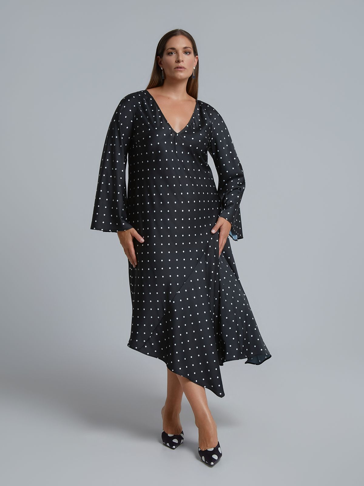 Polka dot satin dress with asymmetric hem