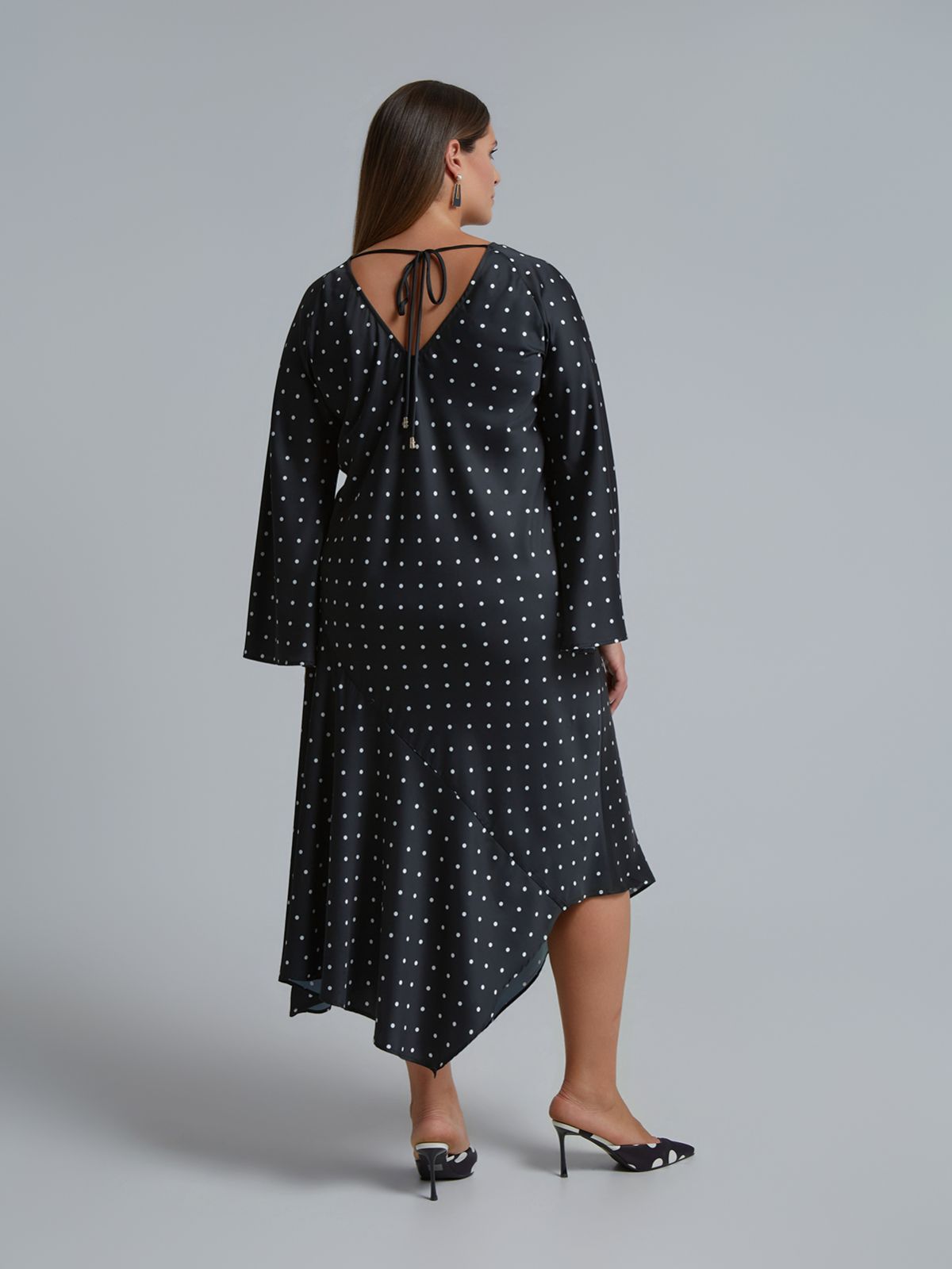 Polka dot satin dress with asymmetric hem