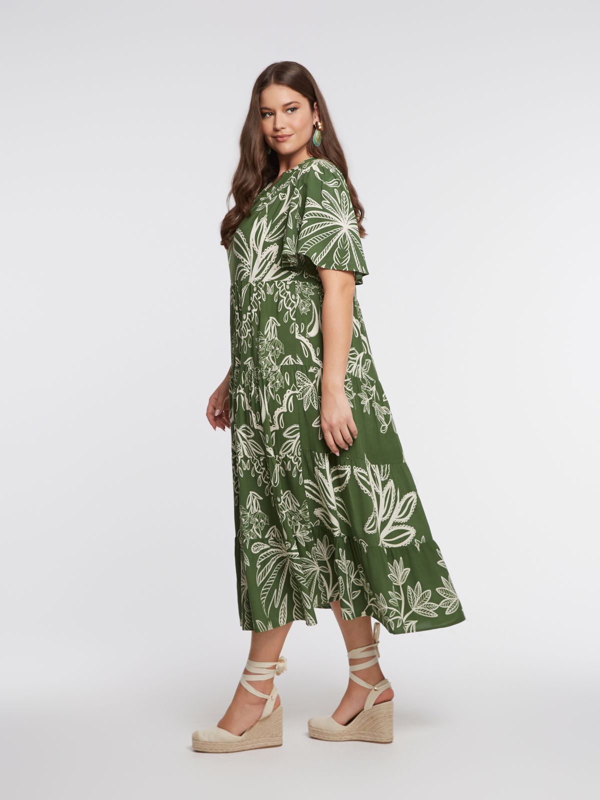 Tiered maxi viscose dress in tropical print