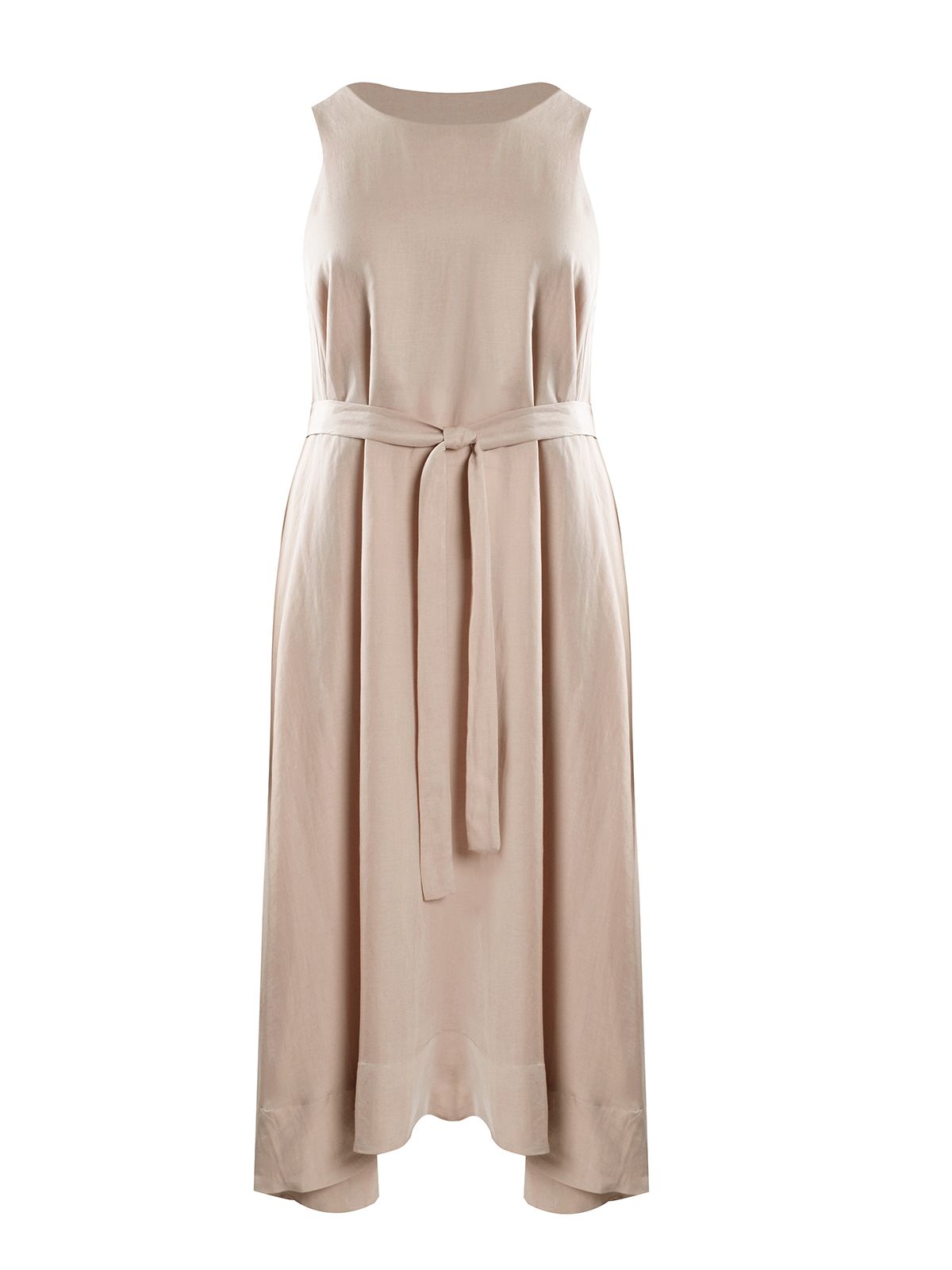 Sleeveless belted viscose/linen midi dress