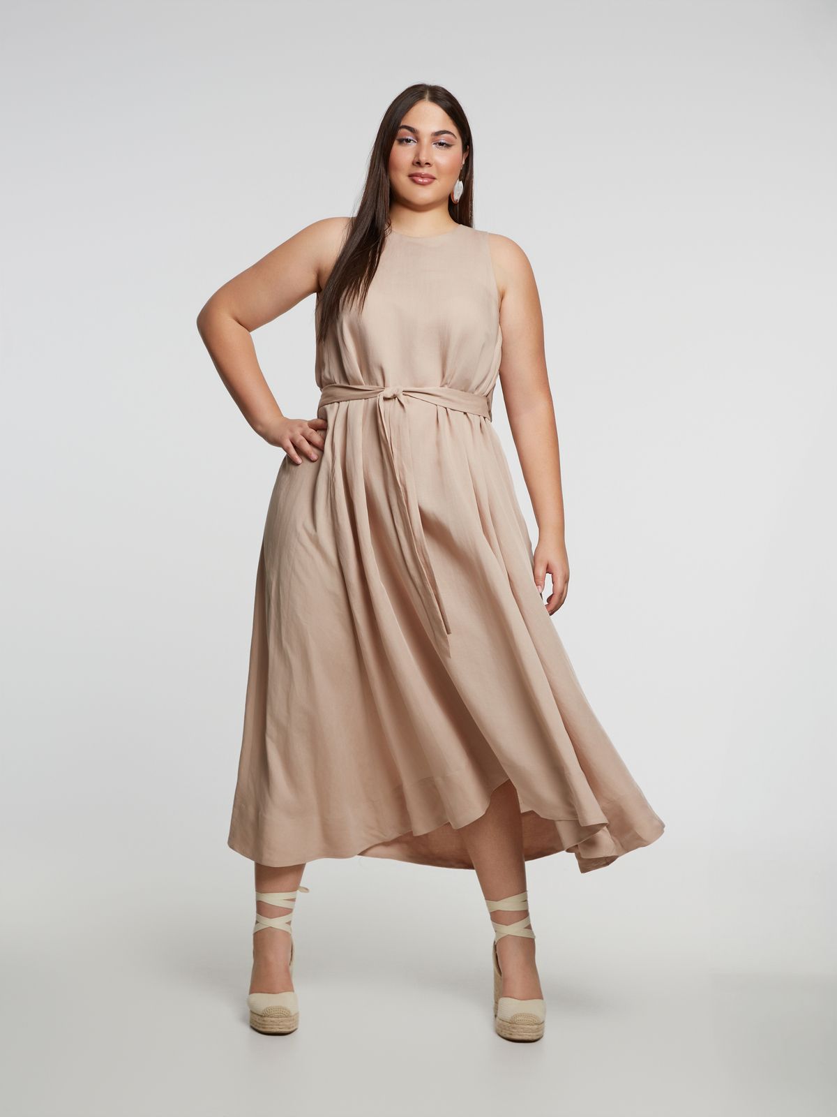 Sleeveless belted viscose/linen midi dress