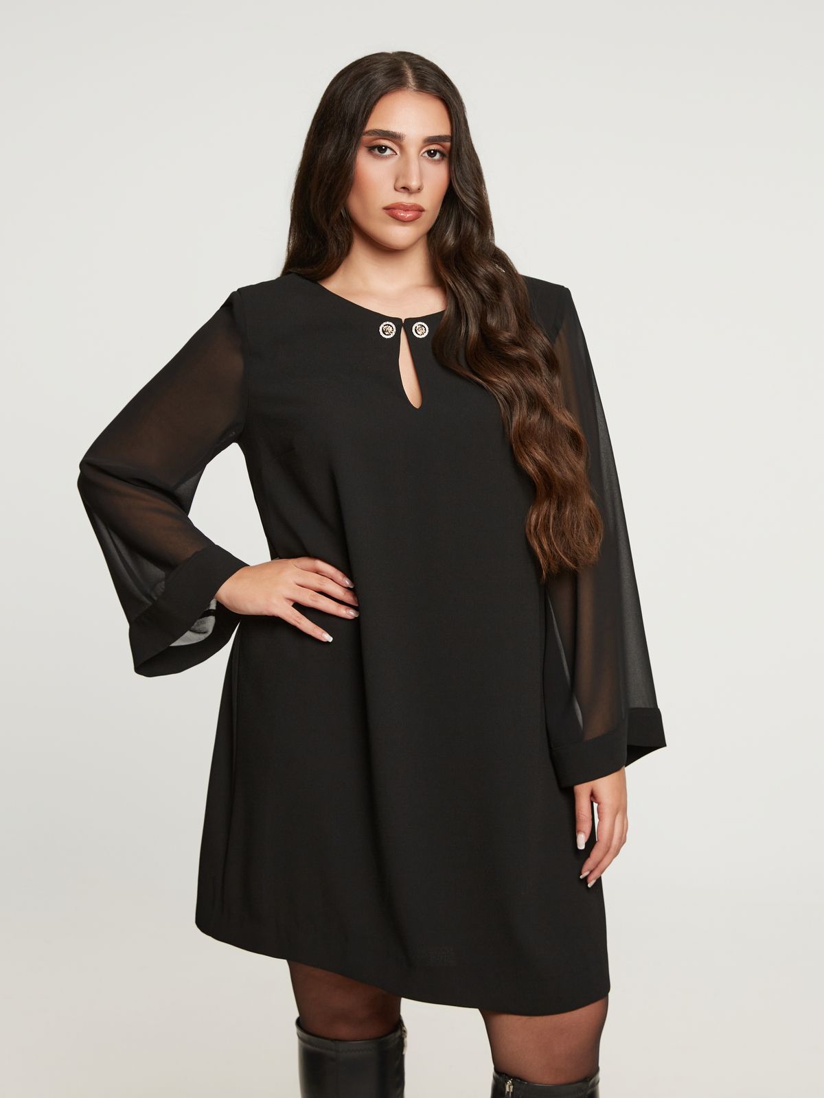 Dress with sheer sleeves and embellished neckline