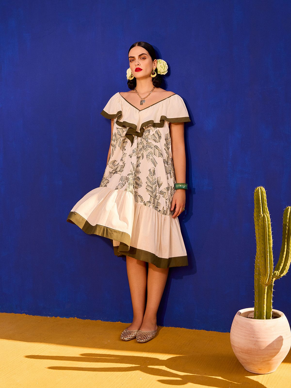 Embroidered cotton dress with ruffle neckline