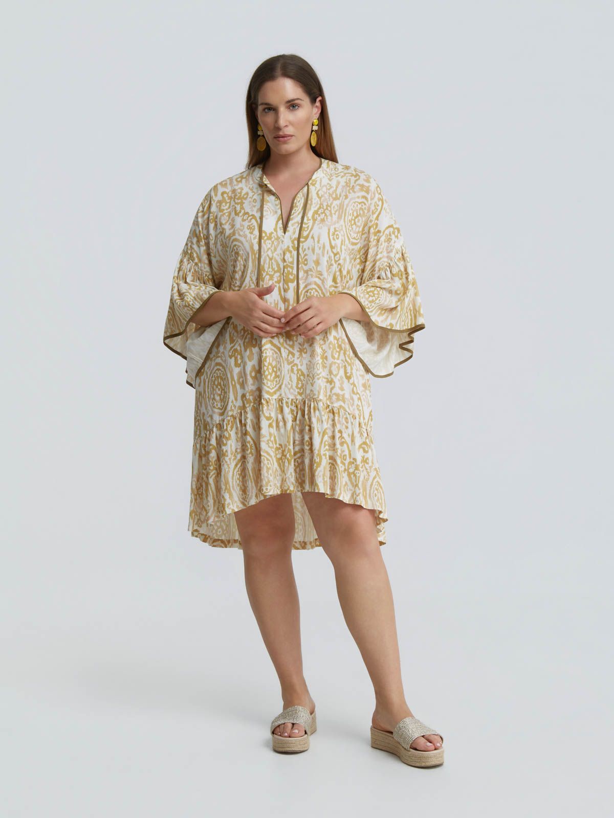 Printed viscose dress with flowy sleeves