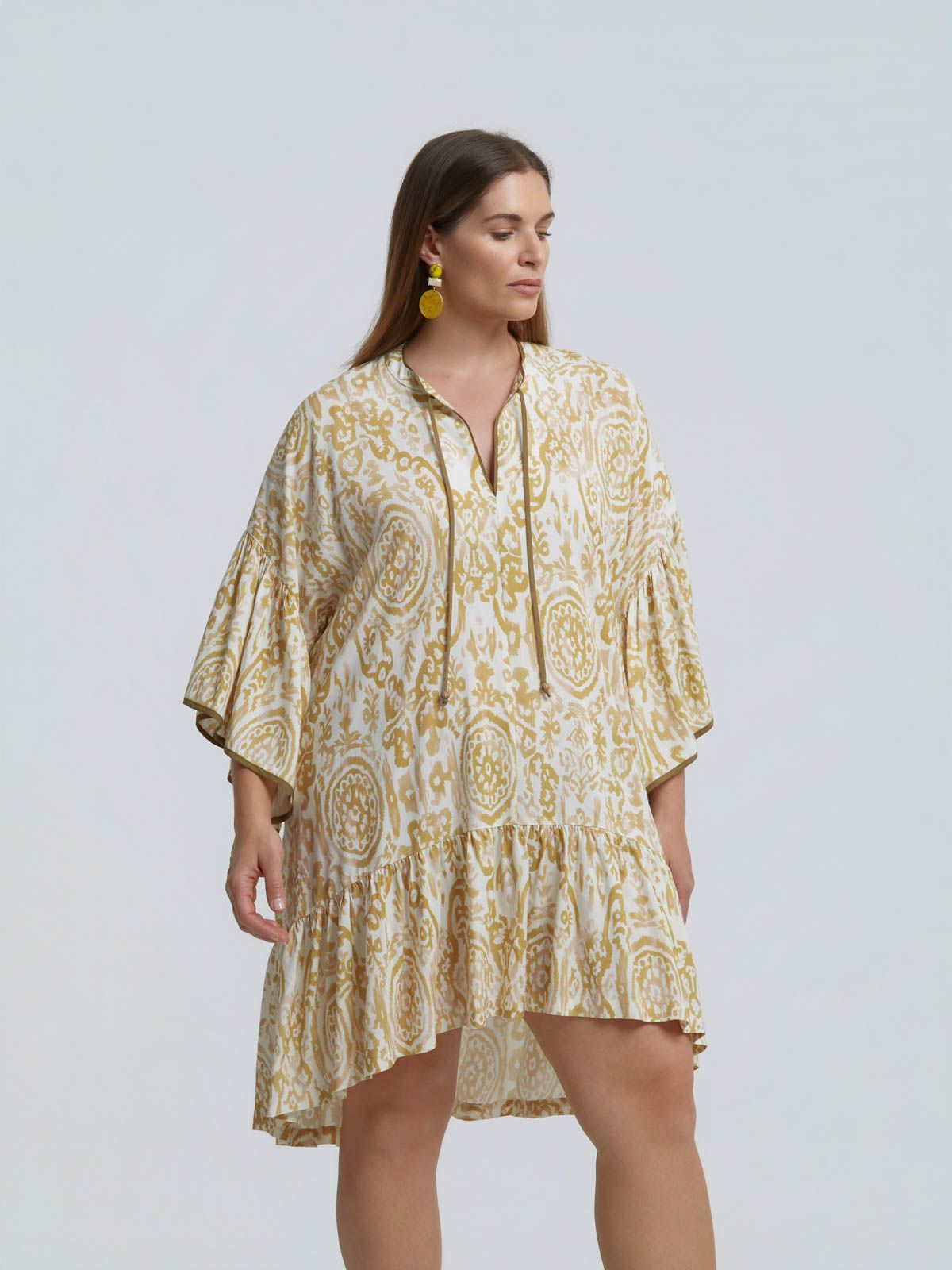 Printed viscose dress with flowy sleeves