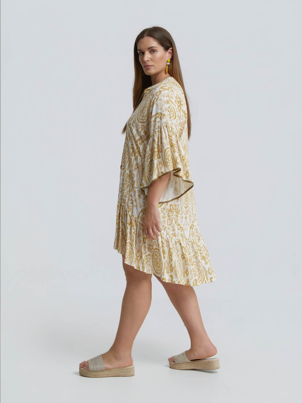 Printed viscose dress with flowy sleeves
