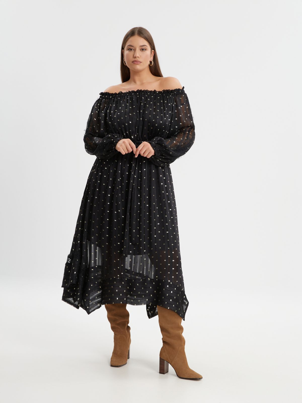 Off-shoulder midi dress with metallic details