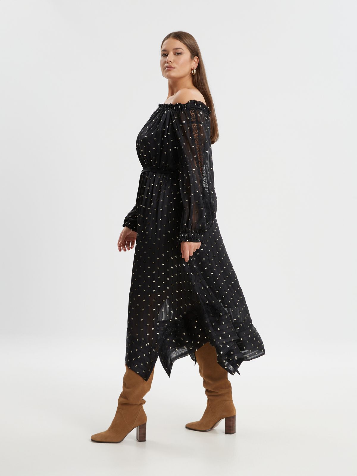 Off-shoulder midi dress with metallic details