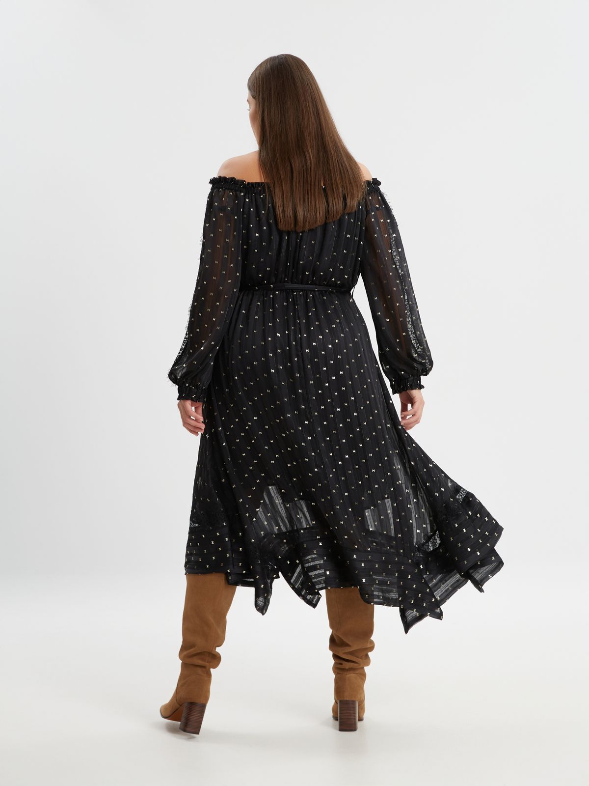 Off-shoulder midi dress with metallic details