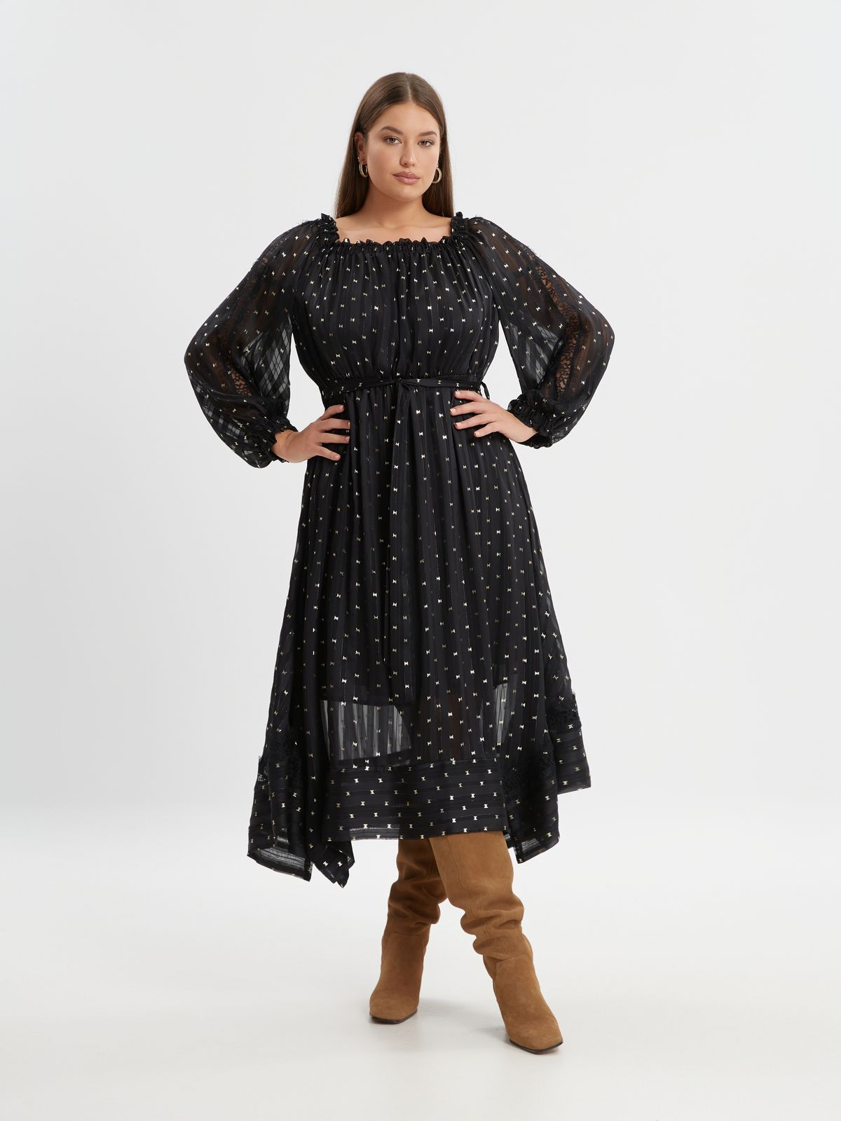 Off-shoulder midi dress with metallic details