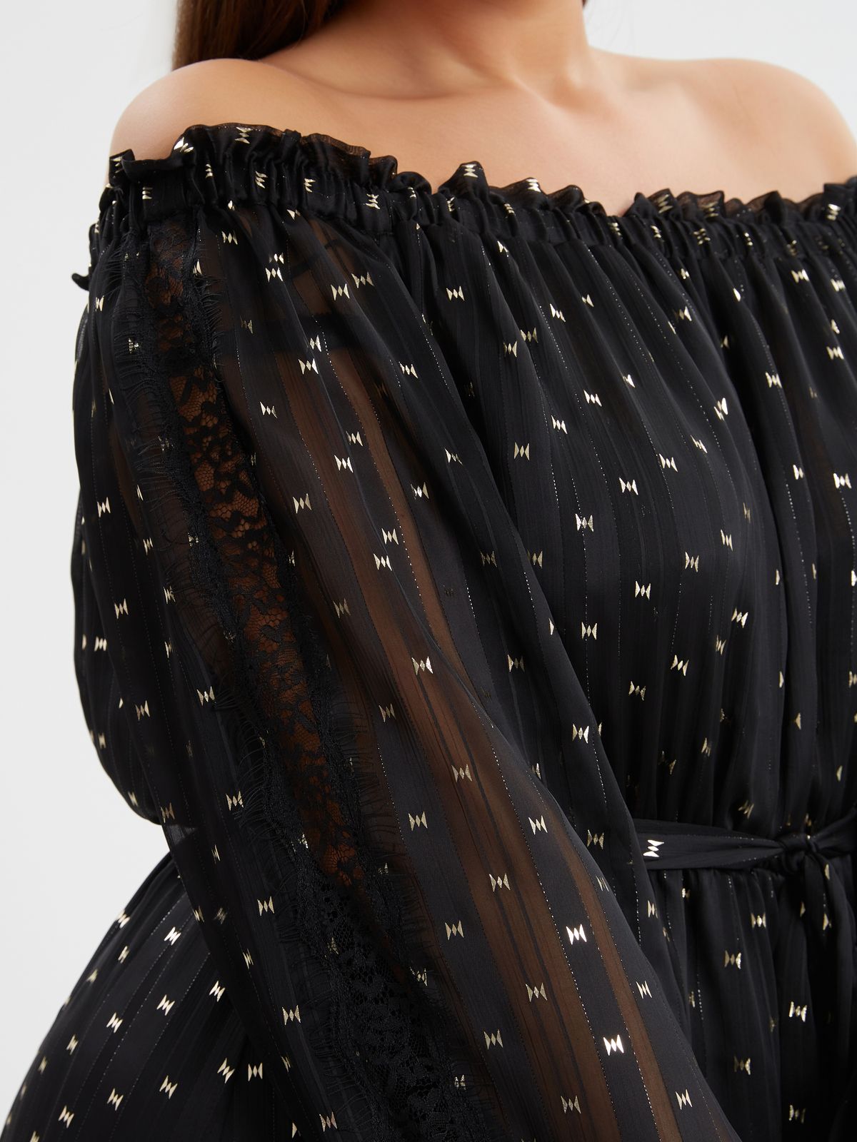 Off-shoulder midi dress with metallic details