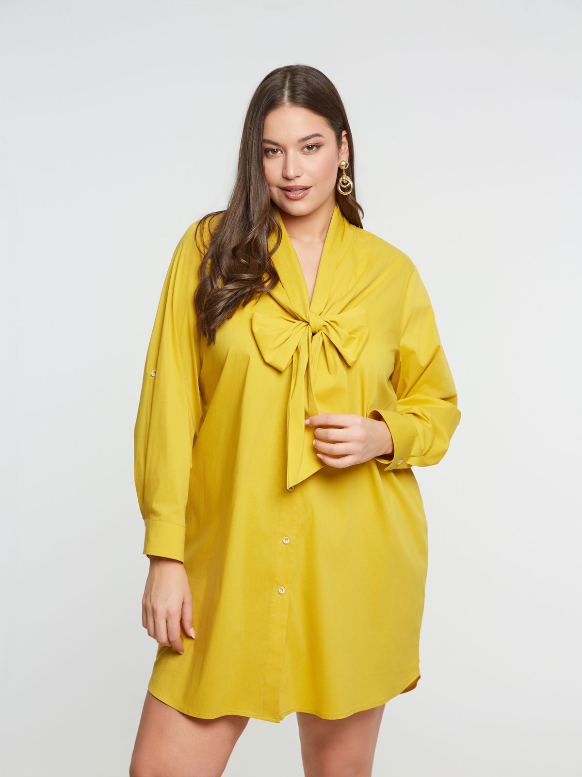 Poplin long-sleeve shirt dress with tie neck detail