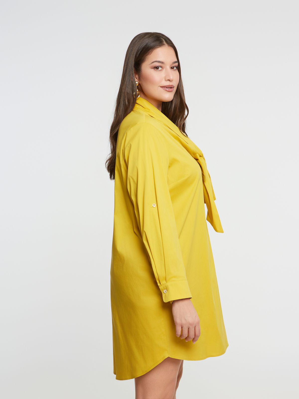Poplin long-sleeve shirt dress with tie neck detail