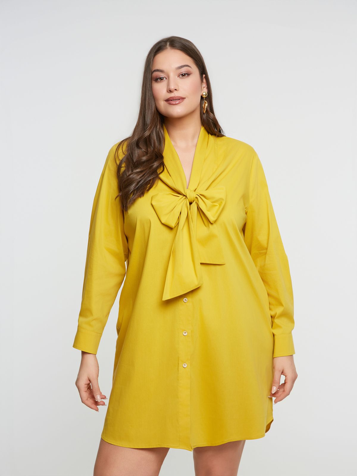 Poplin long-sleeve shirt dress with tie neck detail