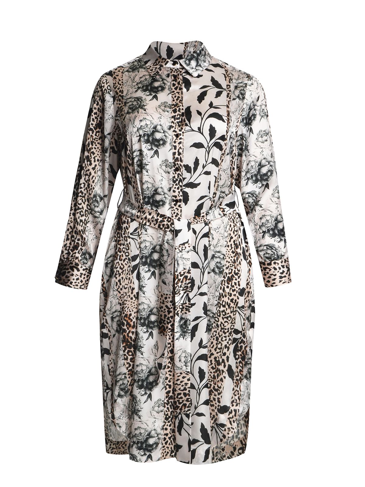 Belted shirt-dress with combination of prints