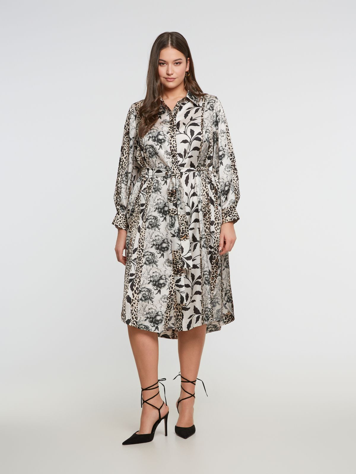 Belted shirt-dress with combination of prints