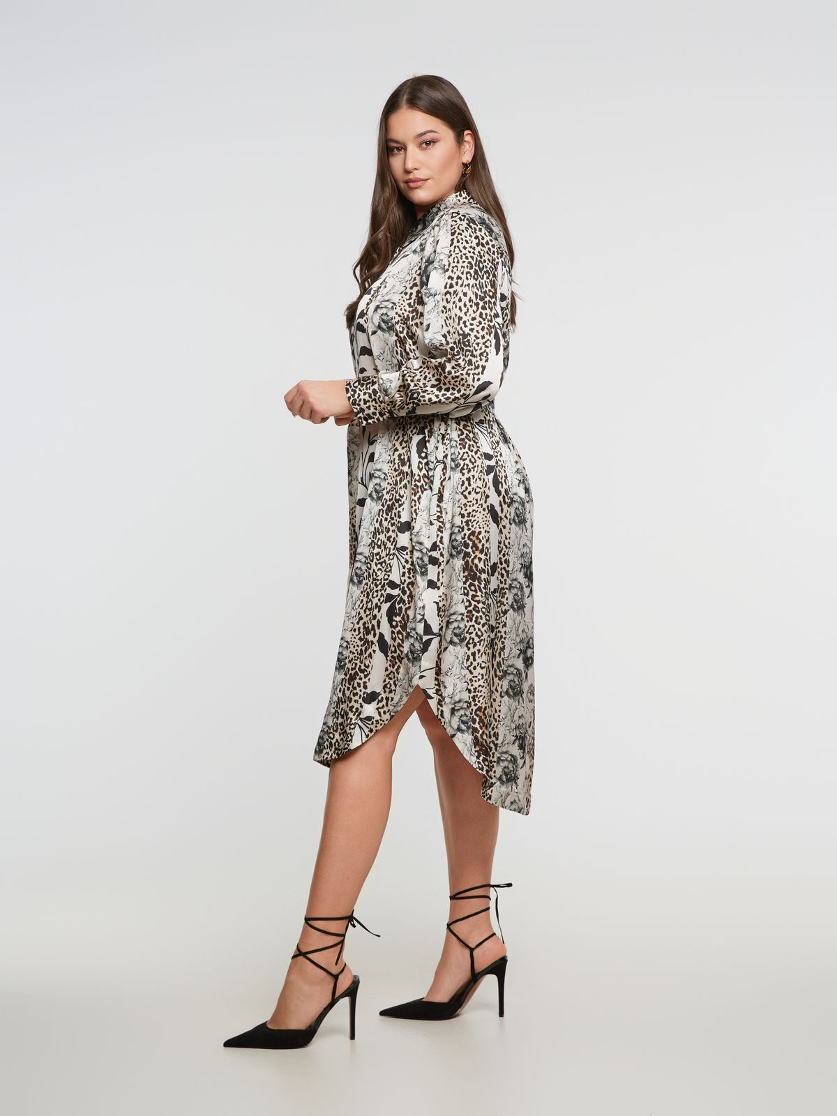 Belted shirt-dress with combination of prints