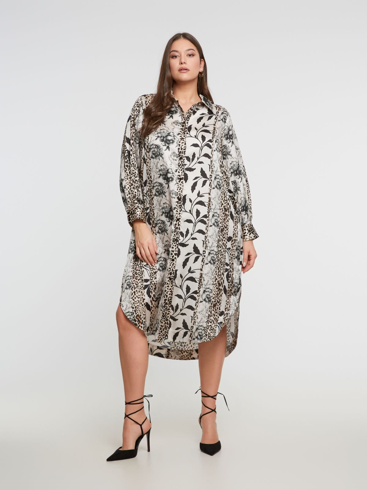 Belted shirt-dress with combination of prints