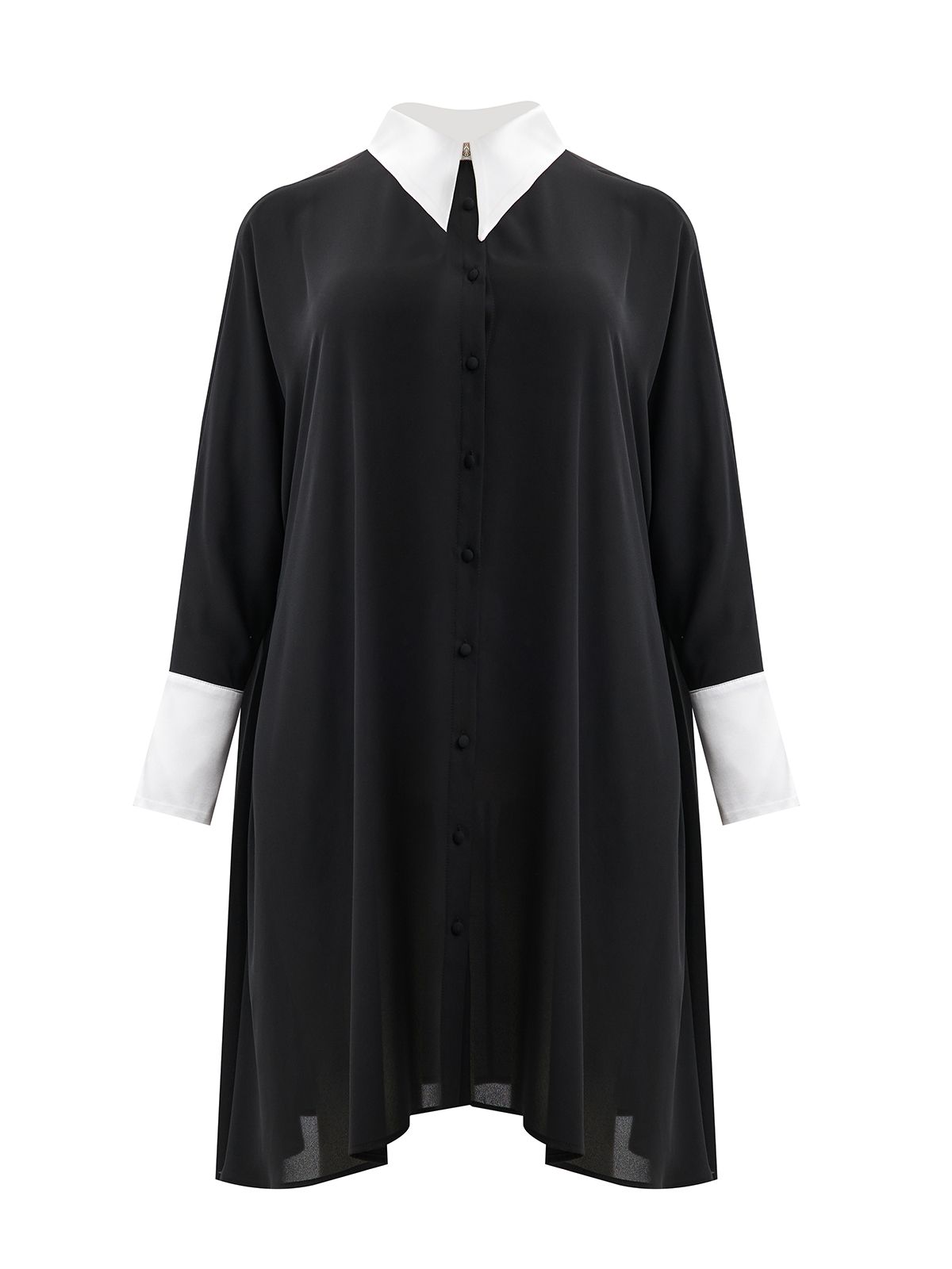 Satin shirt-dress with contrast collar and cuffs