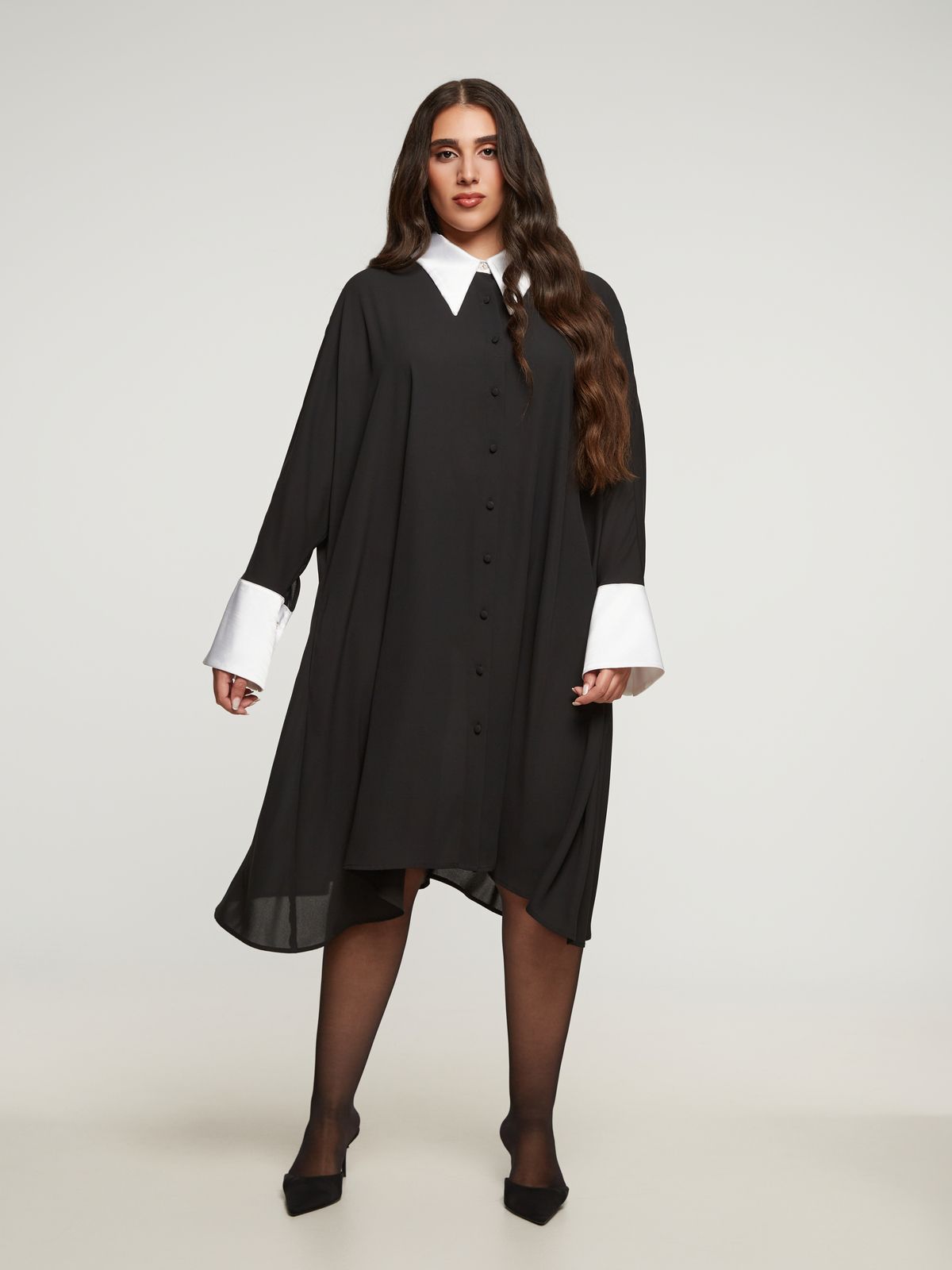 Satin shirt-dress with contrast collar and cuffs
