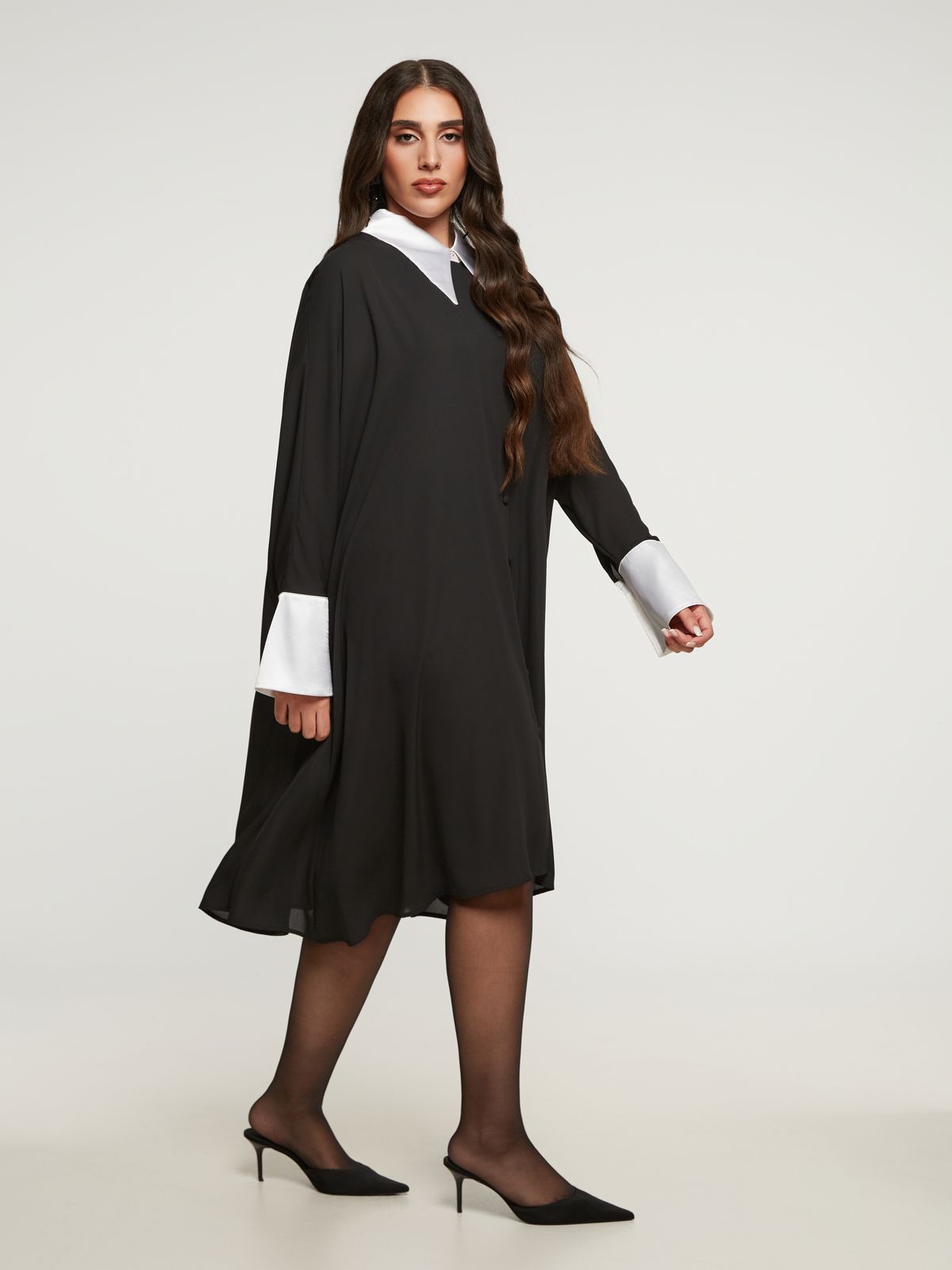 Satin shirt-dress with contrast collar and cuffs