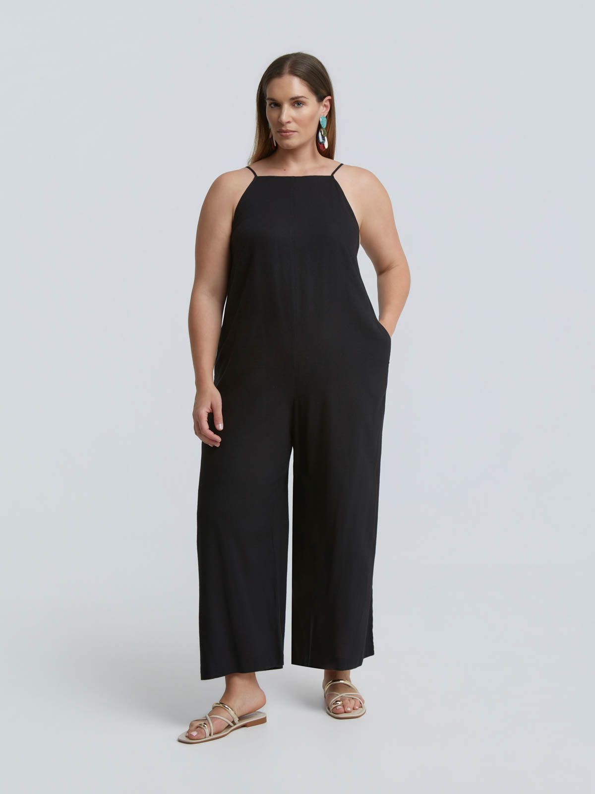 Linen-blend minimal jumpsuit with spaghetti straps