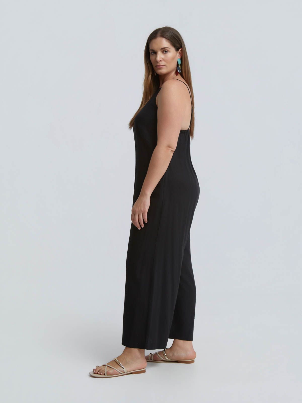Linen-blend minimal jumpsuit with spaghetti straps