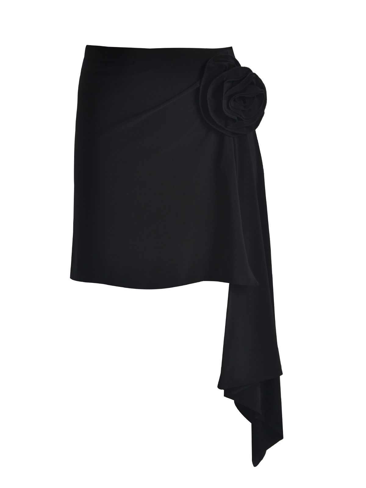 Black asymmetric skirt with floral detail and draped hem