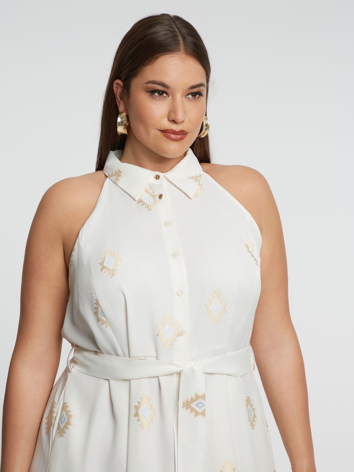 Sleeveless viscose-blend shirt-dress with geometric motifs and self-tie belt