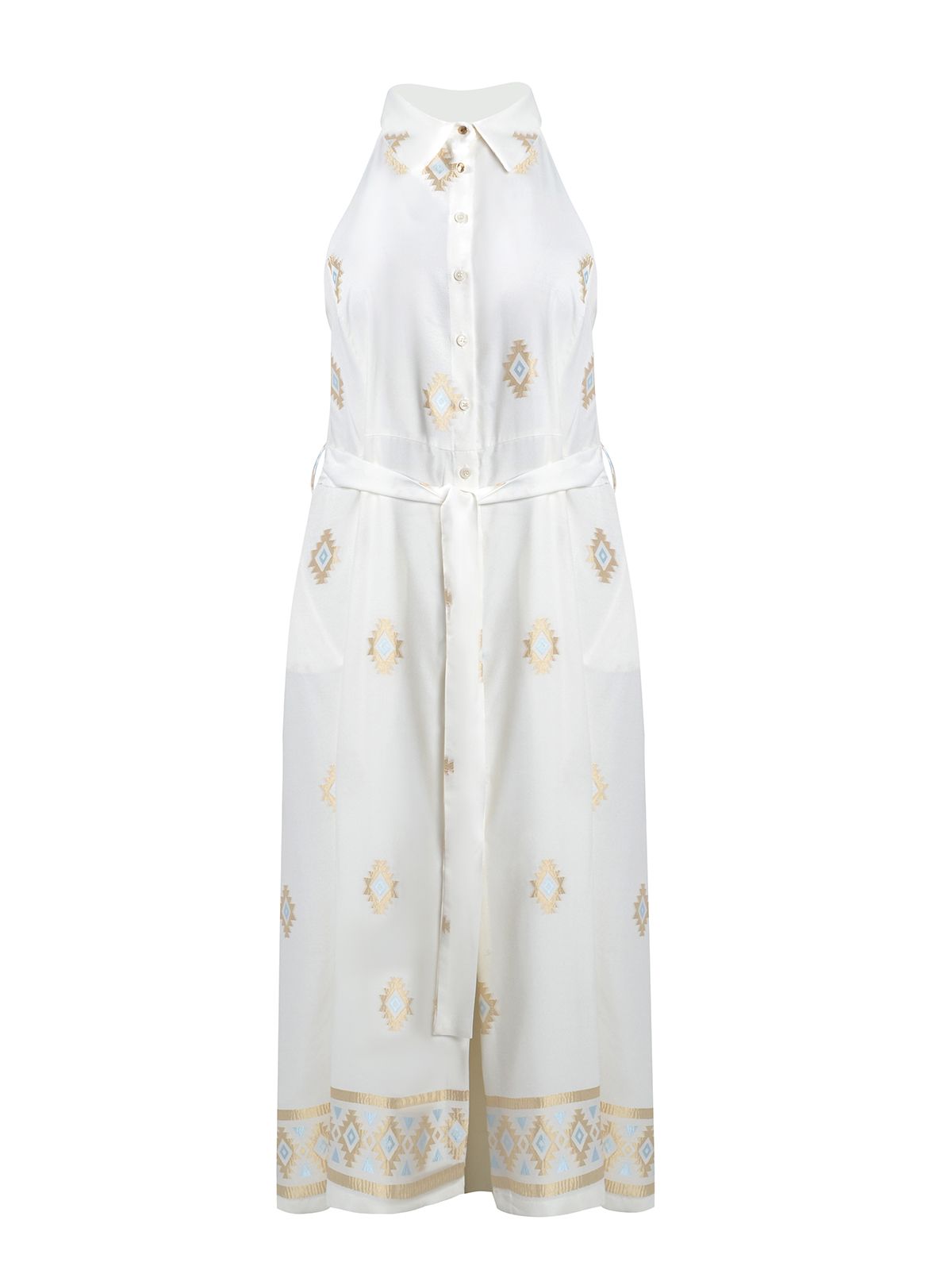 Sleeveless viscose-blend shirt-dress with geometric motifs and self-tie belt