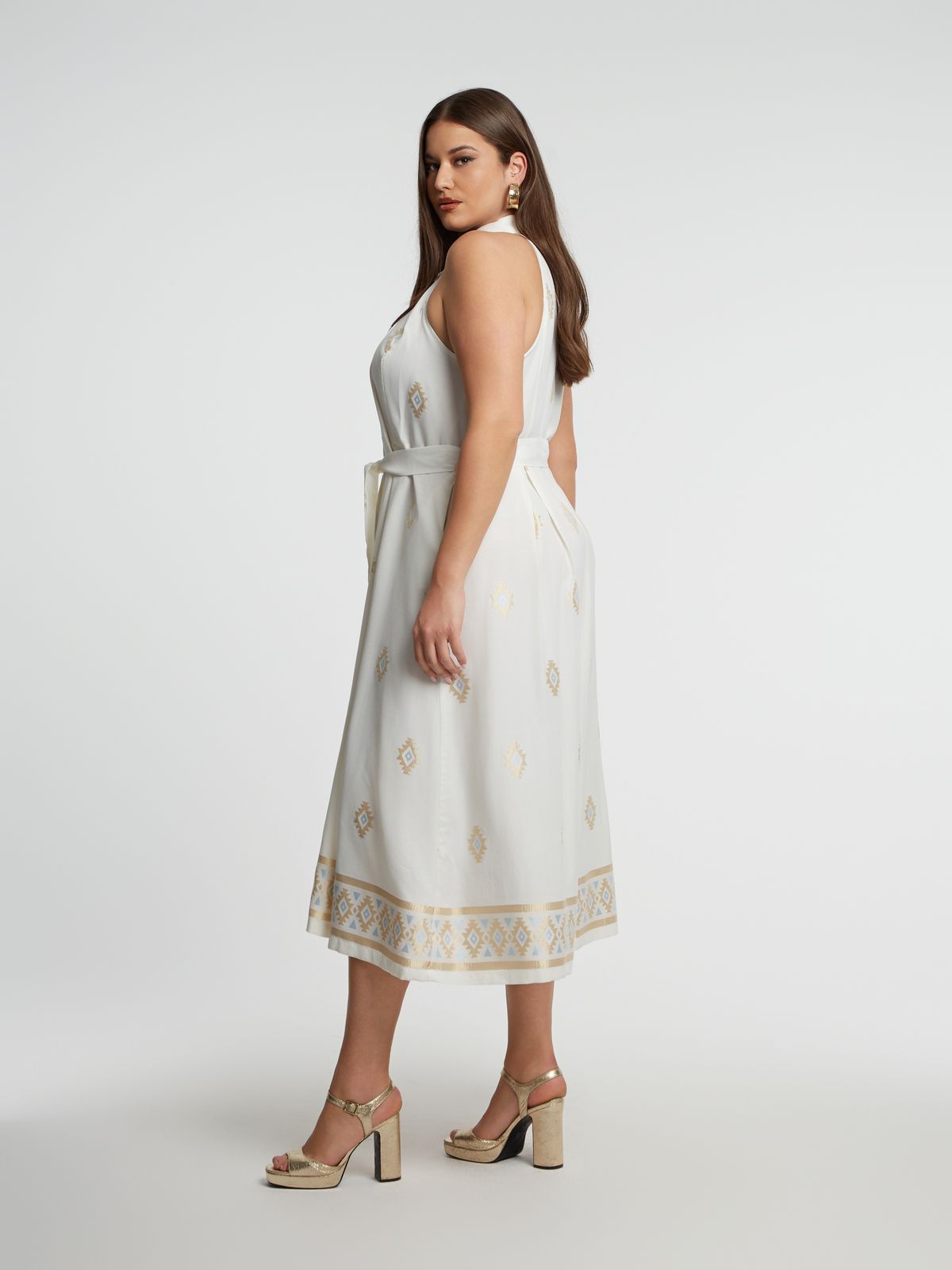 Sleeveless viscose-blend shirt-dress with geometric motifs and self-tie belt