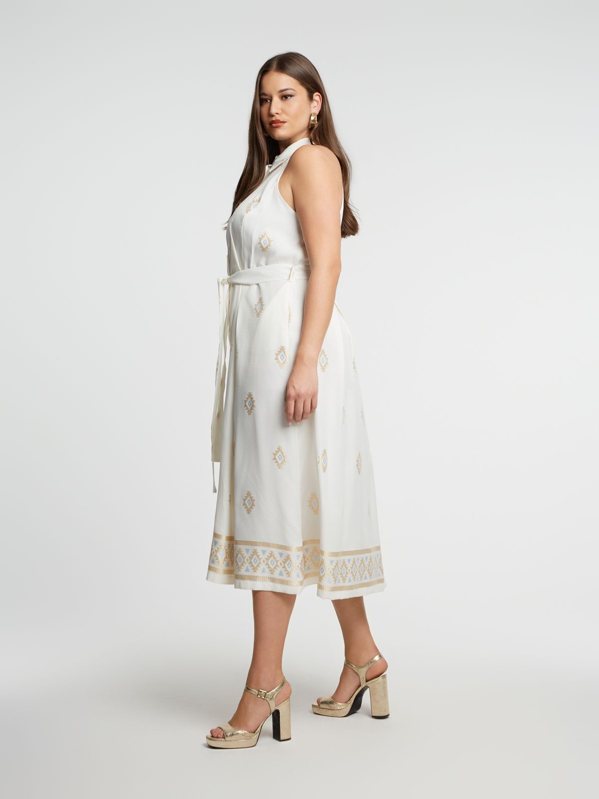 Sleeveless viscose-blend shirt-dress with geometric motifs and self-tie belt