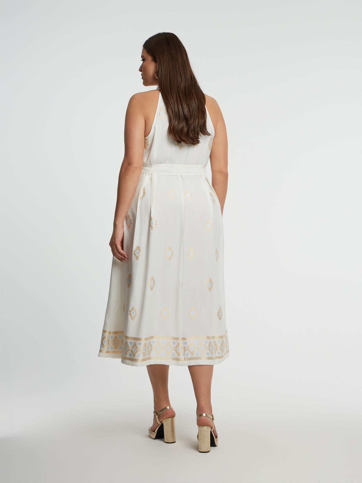 Sleeveless viscose-blend shirt-dress with geometric motifs and self-tie belt