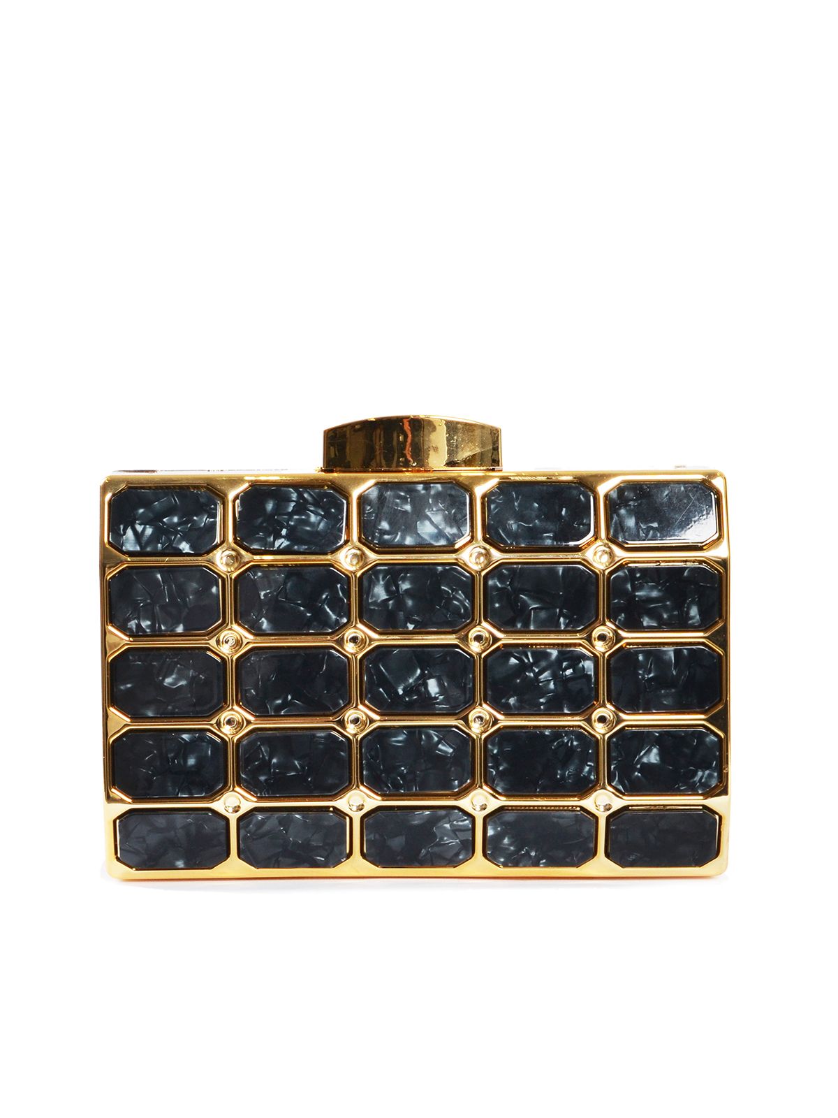 Geometric hard case clutch with marbled tile pattern and gold-tone frame